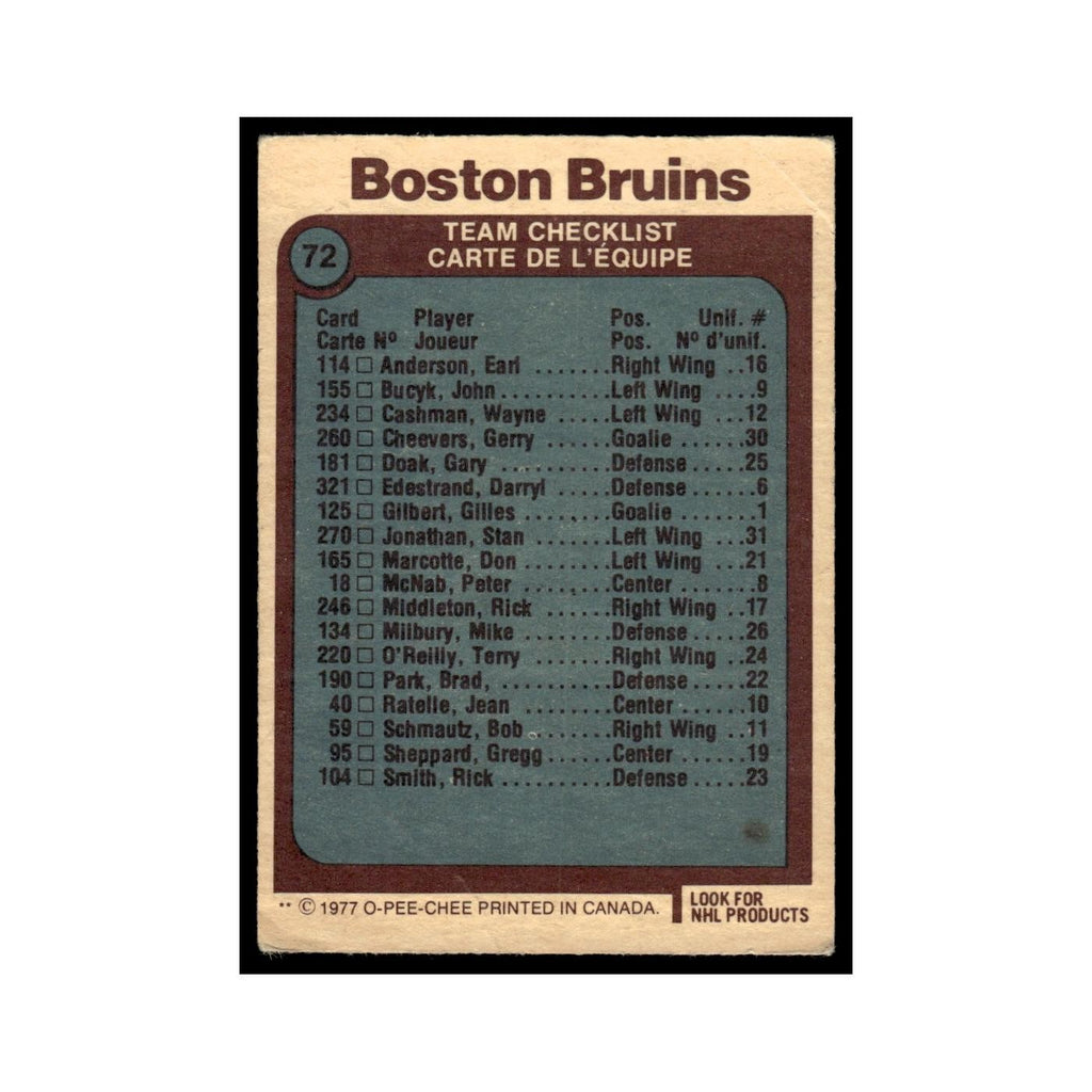 Boston Bruins Team 1977 O-Pee-Chee (Damaged) #72 Hockey Card VG