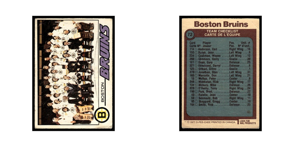 Boston Bruins Team 1977 O-Pee-Chee (Damaged) #72 Hockey Card VG