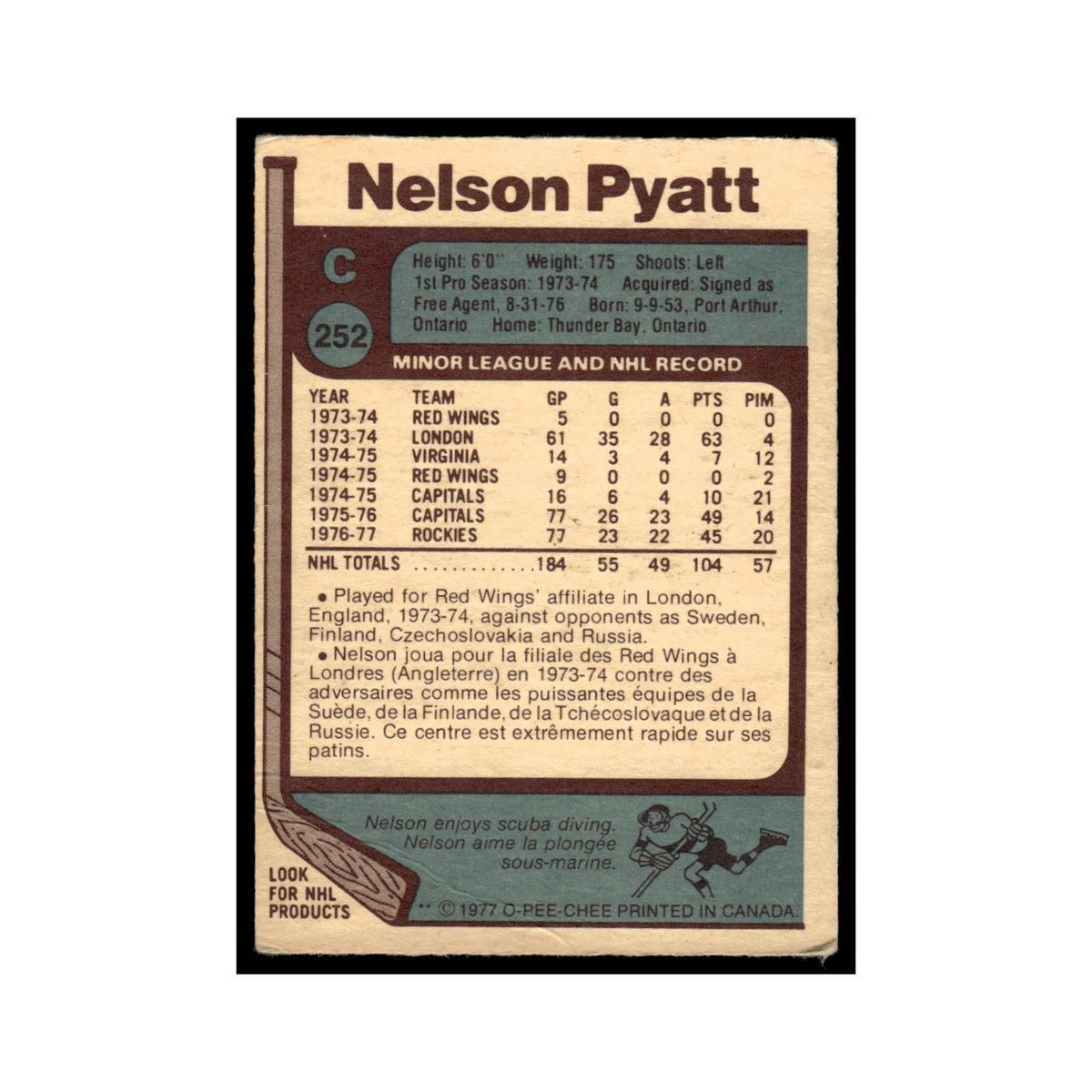 Nelson Pyatt 1977 O-Pee-Chee #252 Colorado Rockies Hockey Card EX