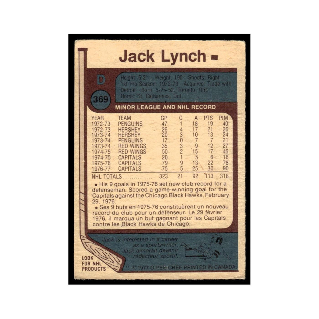 Jack Lynch 1977 O-Pee-Chee (Damaged) #369 Washington Capitals Hockey Card VG