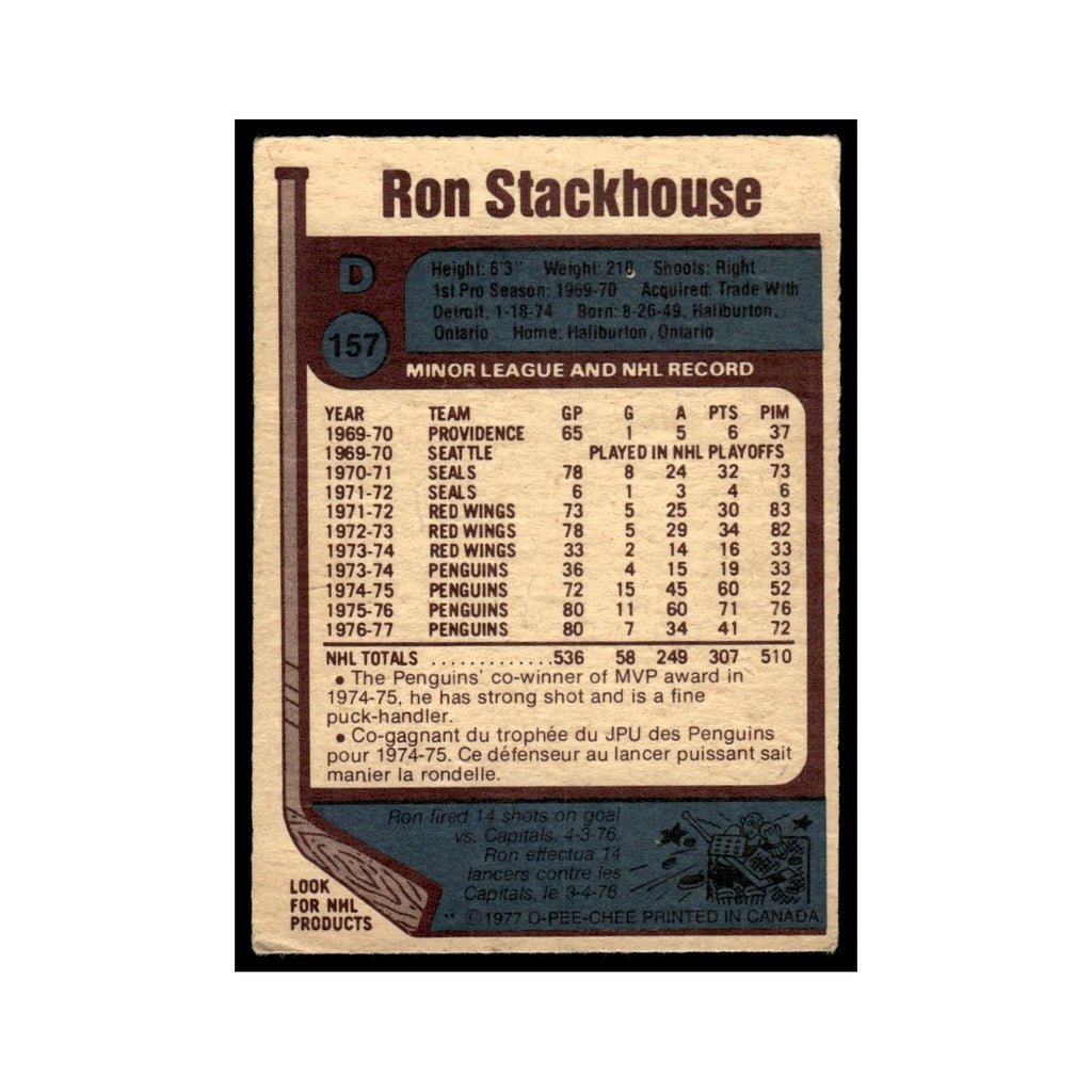 Ron Stackhouse 1977 O-Pee-Chee (Damaged) #157 Pittsburgh Penguins Hockey Card VG