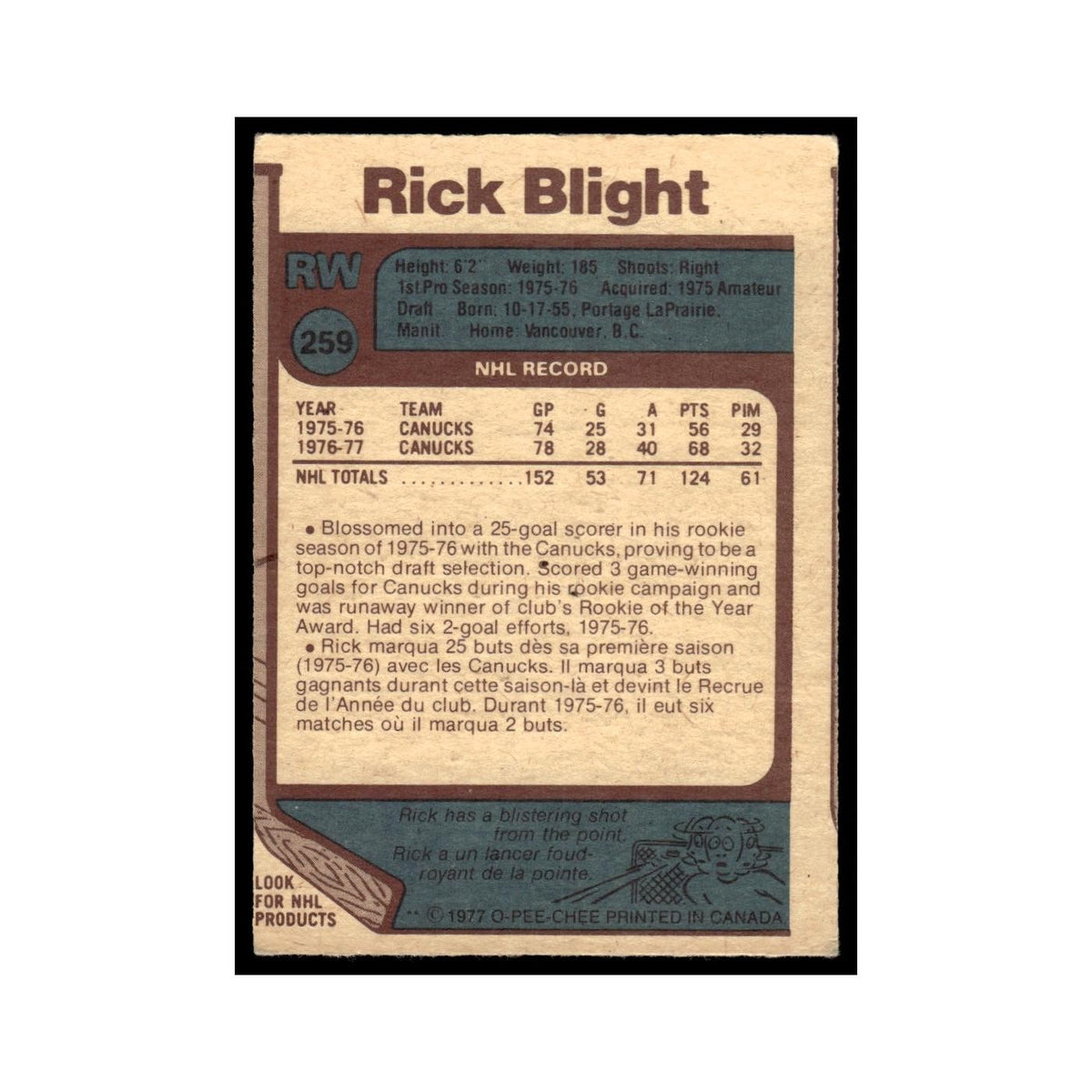 Rick Blight 1977 O-Pee-Chee #259 Vancouver Canucks Hockey Card EX
