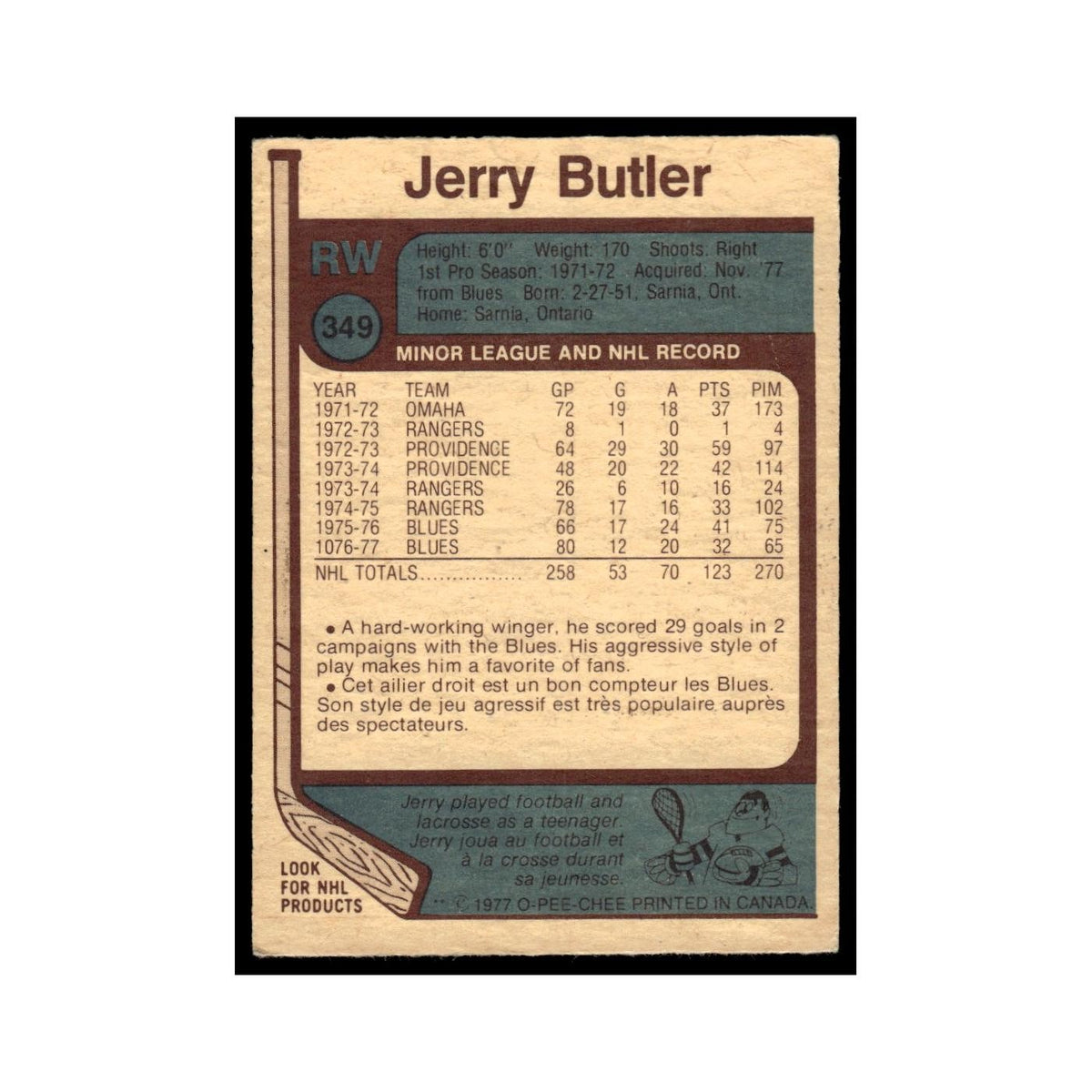 Jerry Butler 1977 O-Pee-Chee (Damaged) #349 Toronto Maple Leafs Hockey Card VG