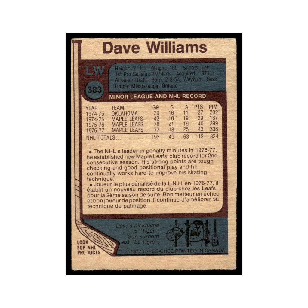 Dave Williams 1977 O-Pee-Chee (Damaged) #383 Toronto Maple Leafs Hockey Card VG