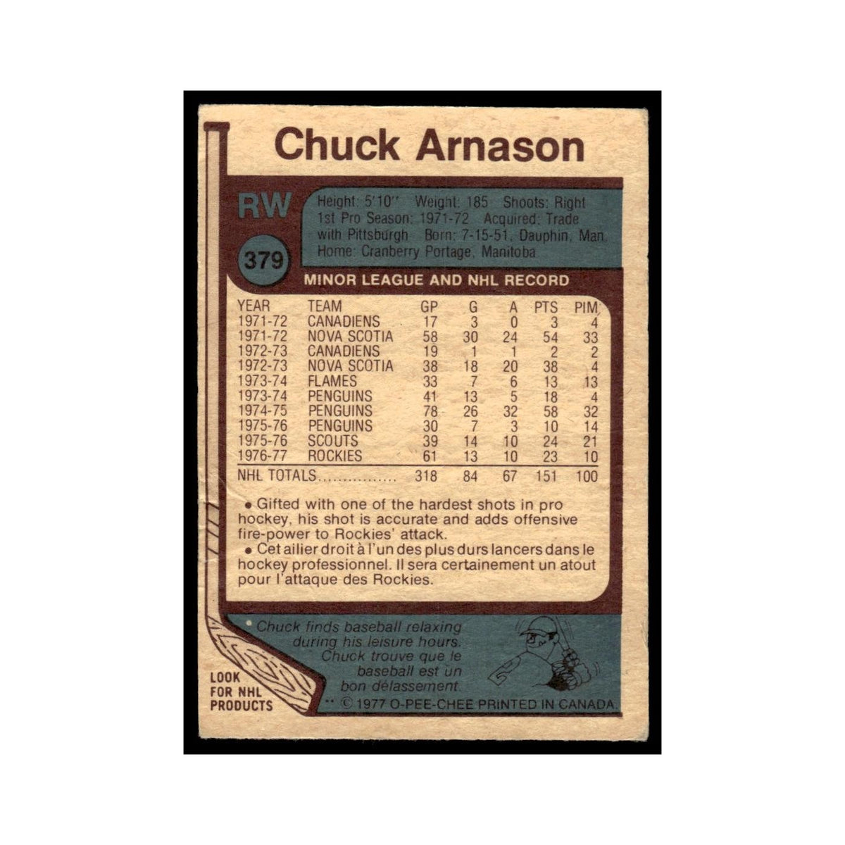 Chuck Arnason 1977 O-Pee-Chee (Damaged) #379 Colorado Rockies Hockey Card VG