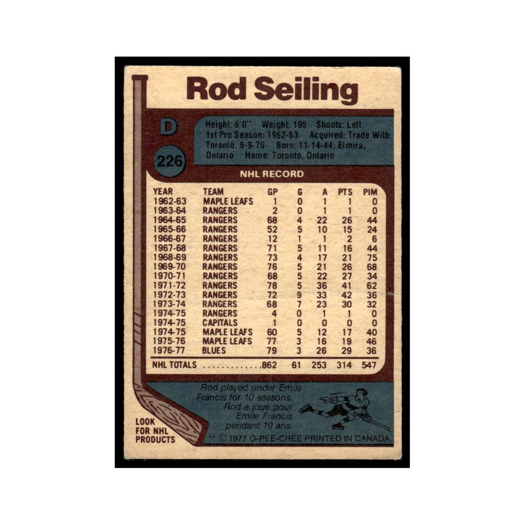 Rod Seiling 1977 O-Pee-Chee (Damaged) #226 St. Louis Blues Hockey Card VG