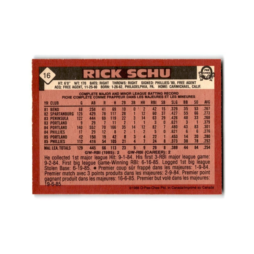 Rick Schu 1986 O-Pee-Chee #16 Philadelphia Phillies Baseball Card NM