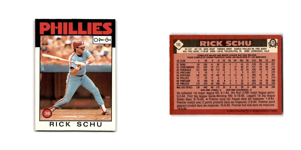 Rick Schu 1986 O-Pee-Chee #16 Philadelphia Phillies Baseball Card NM