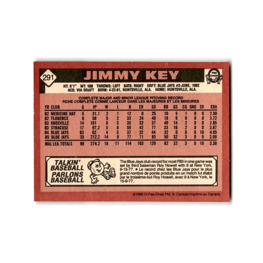 Jimmy Key 1986 O-Pee-Chee #291 Toronto Blue Jays Baseball Card NM