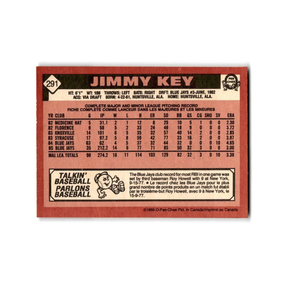 Jimmy Key 1986 O-Pee-Chee #291 Toronto Blue Jays Baseball Card NM