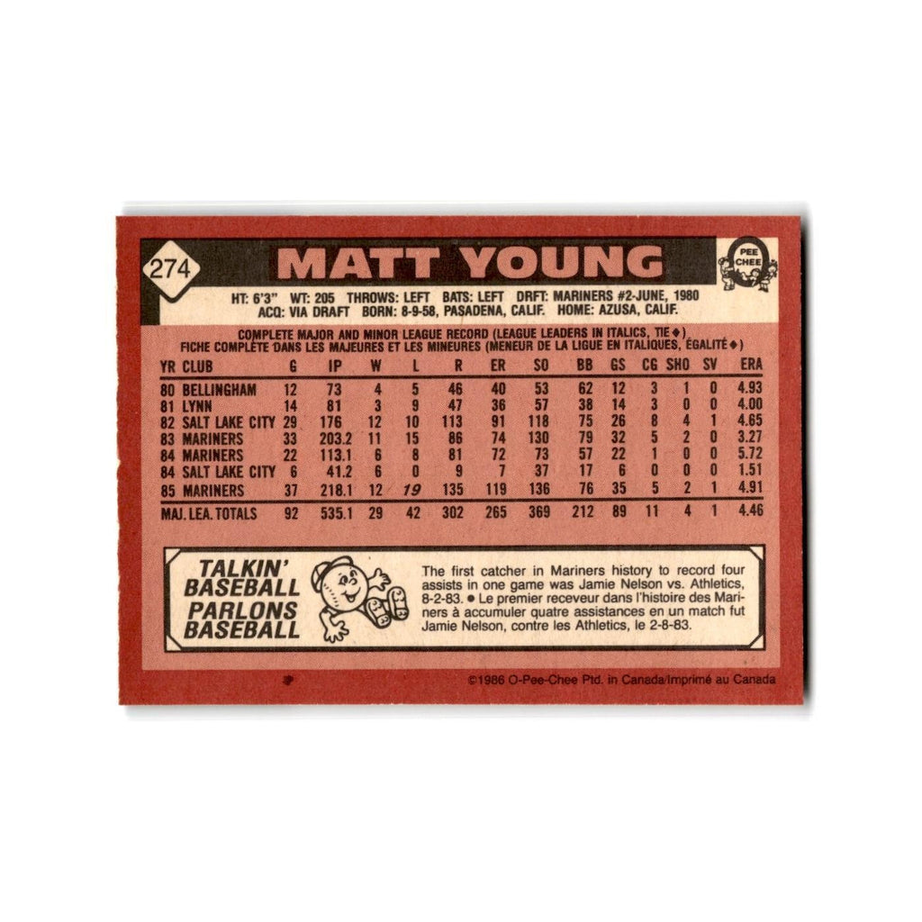 Matt Young 1986 O-Pee-Chee #274 Seattle Mariners Baseball Card NM