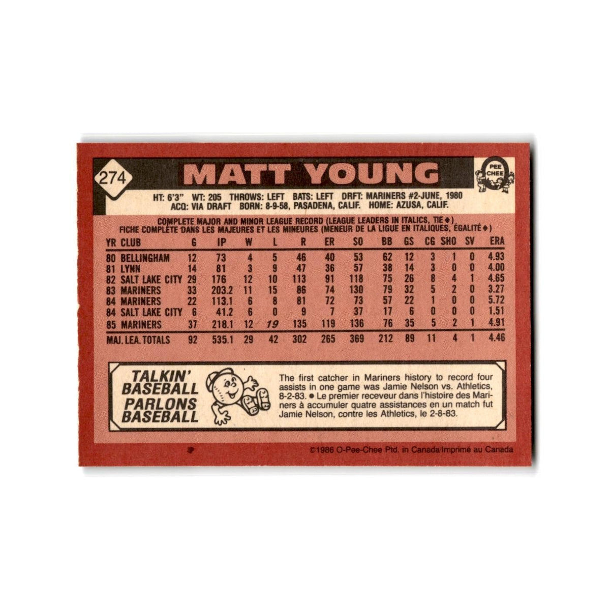 Matt Young 1986 O-Pee-Chee #274 Seattle Mariners Baseball Card NM