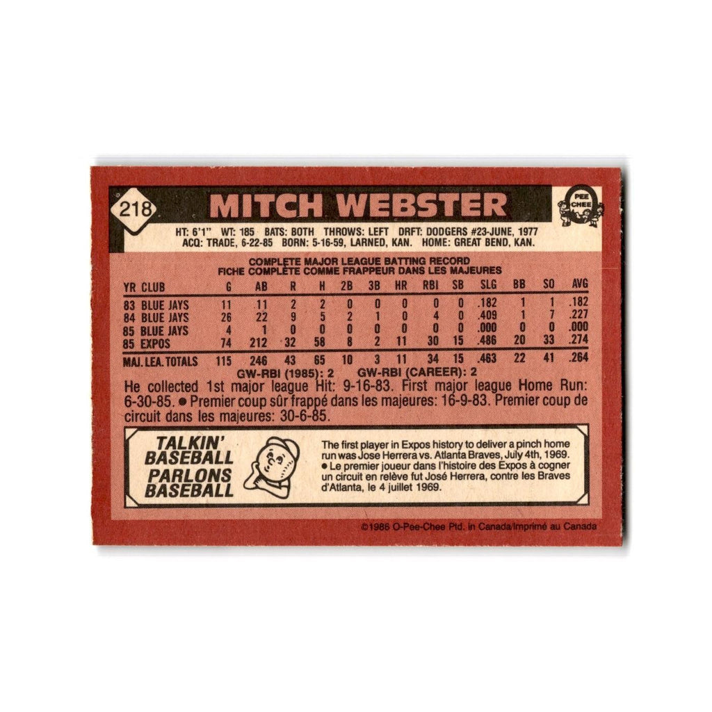 Mitch Webster Rookie 1986 O-Pee-Chee #218 Montreal Expos Baseball Card NM