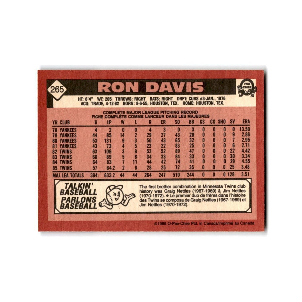 Ron Davis 1986 O-Pee-Chee #265 Minnesota Twins Baseball Card NM