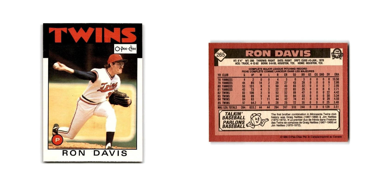 Ron Davis 1986 O-Pee-Chee #265 Minnesota Twins Baseball Card NM