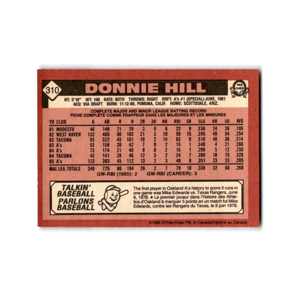 Donnie Hill 1986 O-Pee-Chee #310 Oakland Athletics Baseball Card NM