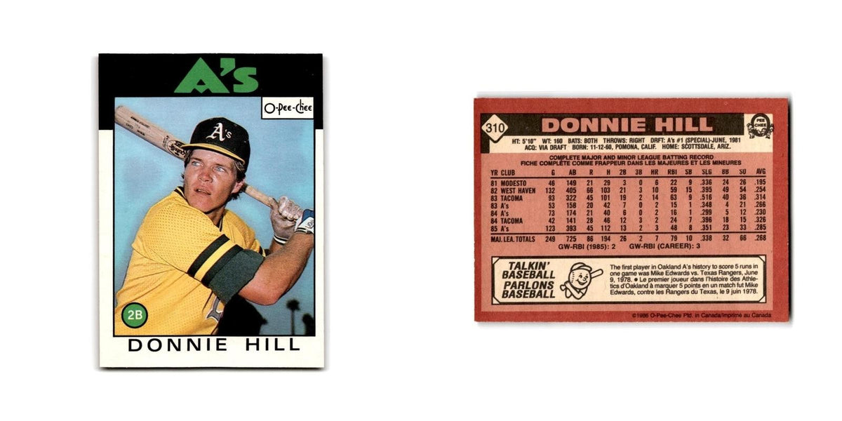 Donnie Hill 1986 O-Pee-Chee #310 Oakland Athletics Baseball Card NM