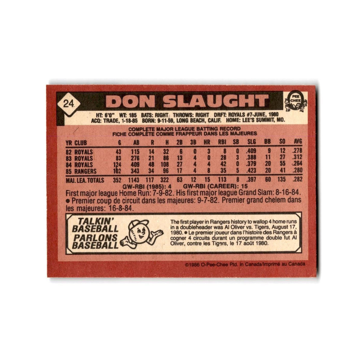 Don Slaught 1986 O-Pee-Chee #24 Texas Rangers Baseball Card NM