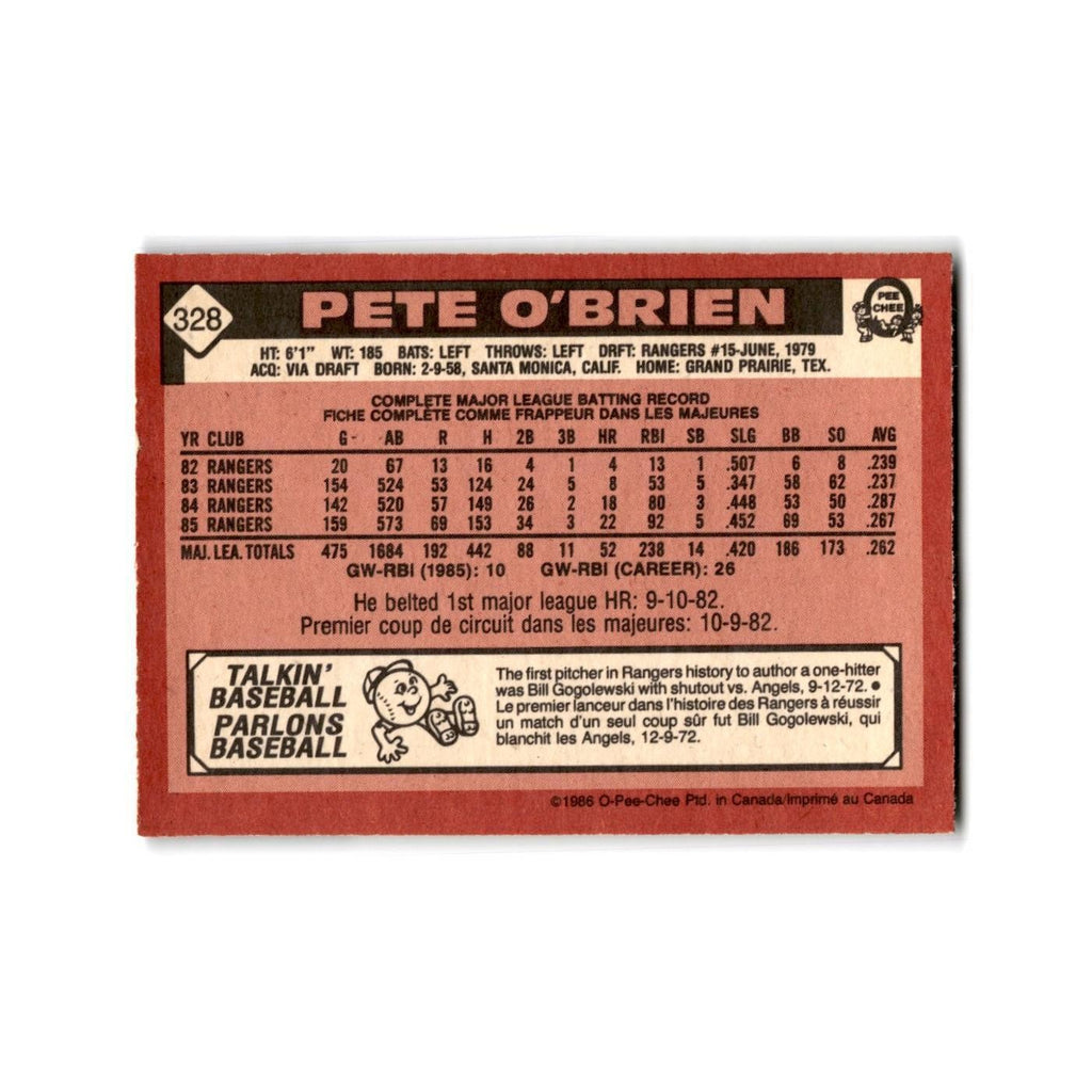 Pete O'Brien 1986 O-Pee-Chee #328 Texas Rangers Baseball Card NM