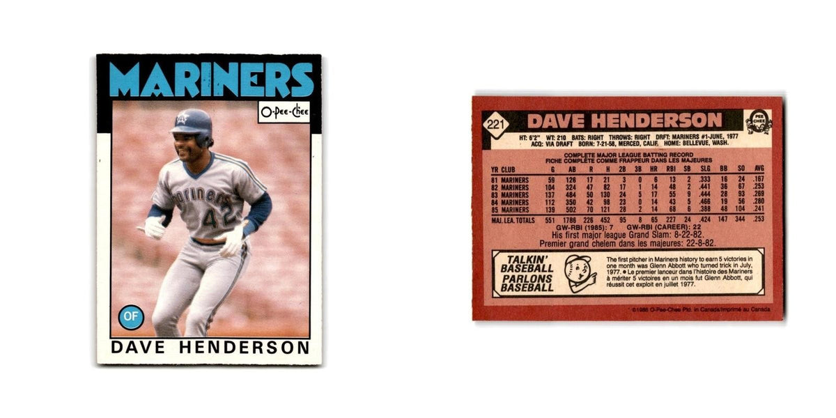 Dave Henderson 1986 O-Pee-Chee #221 Seattle Mariners Baseball Card NM