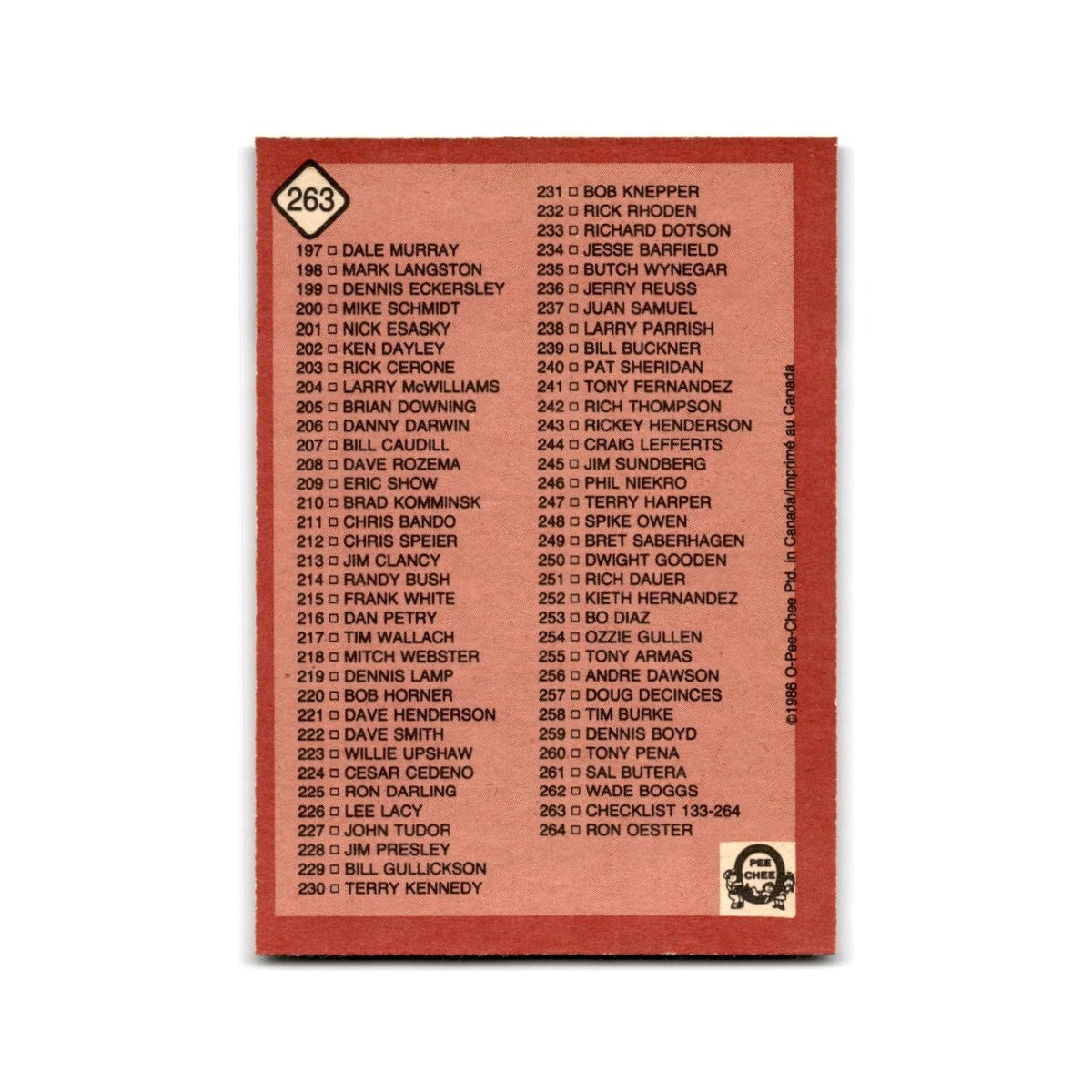 Checklist 133-264 1986 O-Pee-Chee #263 Baseball Card NM