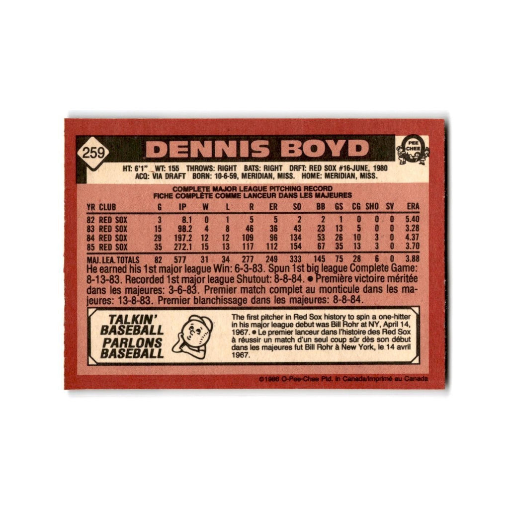 Dennis Boyd 1986 O-Pee-Chee #259 Boston Red Sox Baseball Card NM