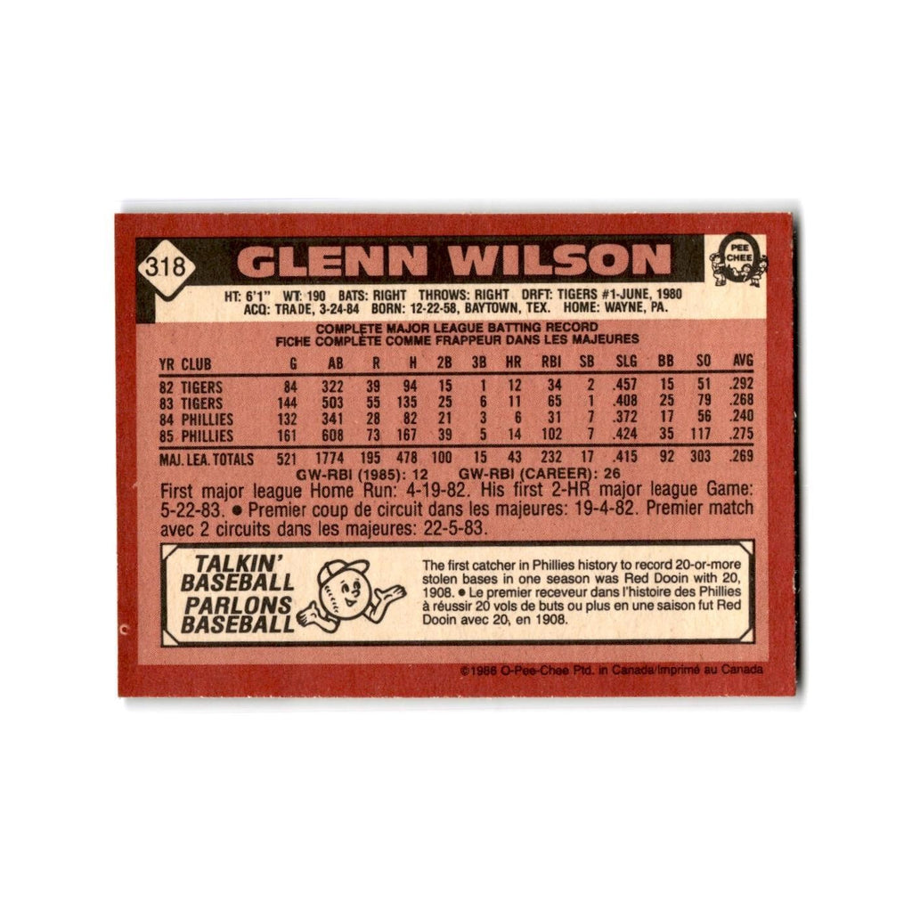 Glenn Wilson 1986 O-Pee-Chee #318 Philadelphia Phillies Baseball Card NM