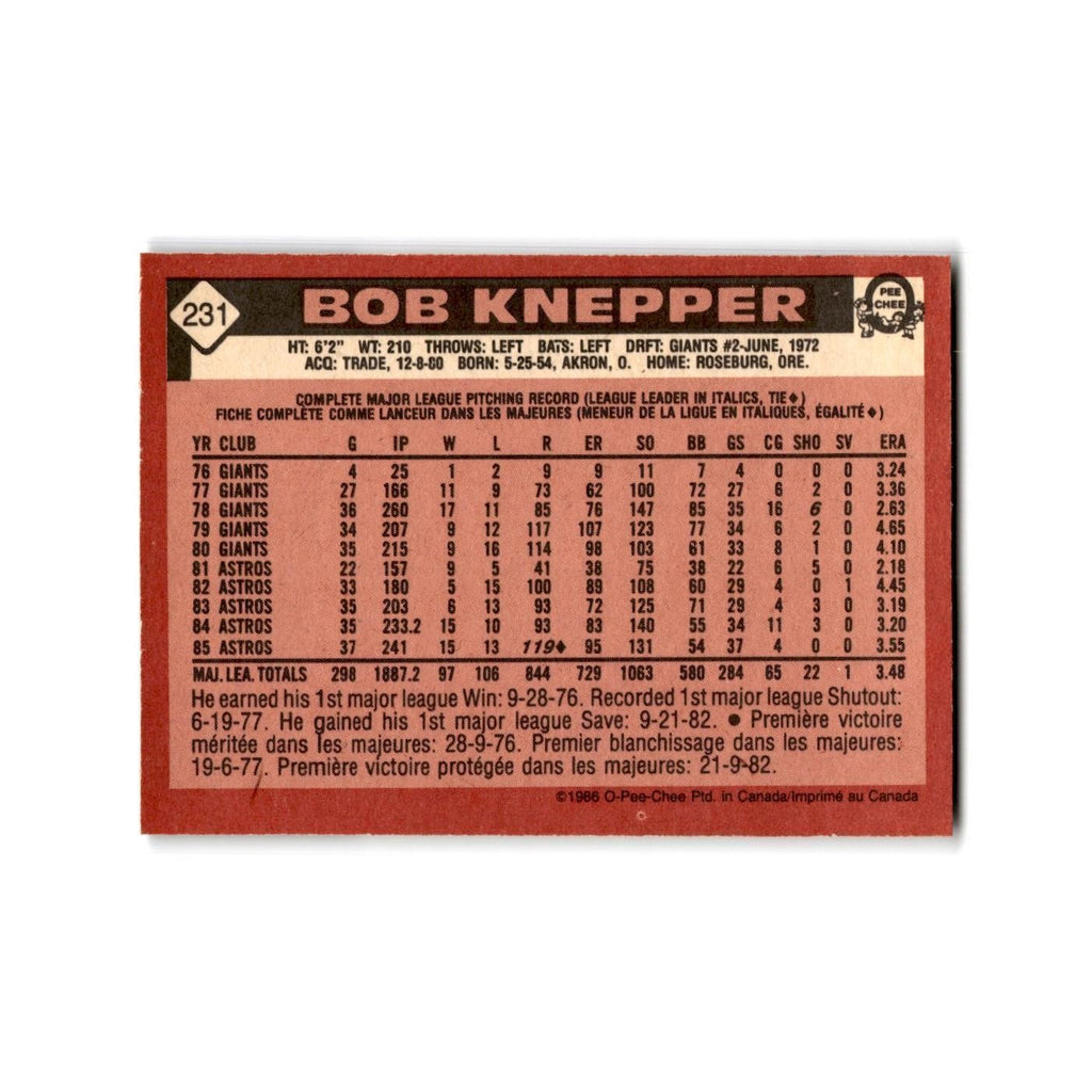 Bob Knepper 1986 O-Pee-Chee #231 Houston Astros Baseball Card NM