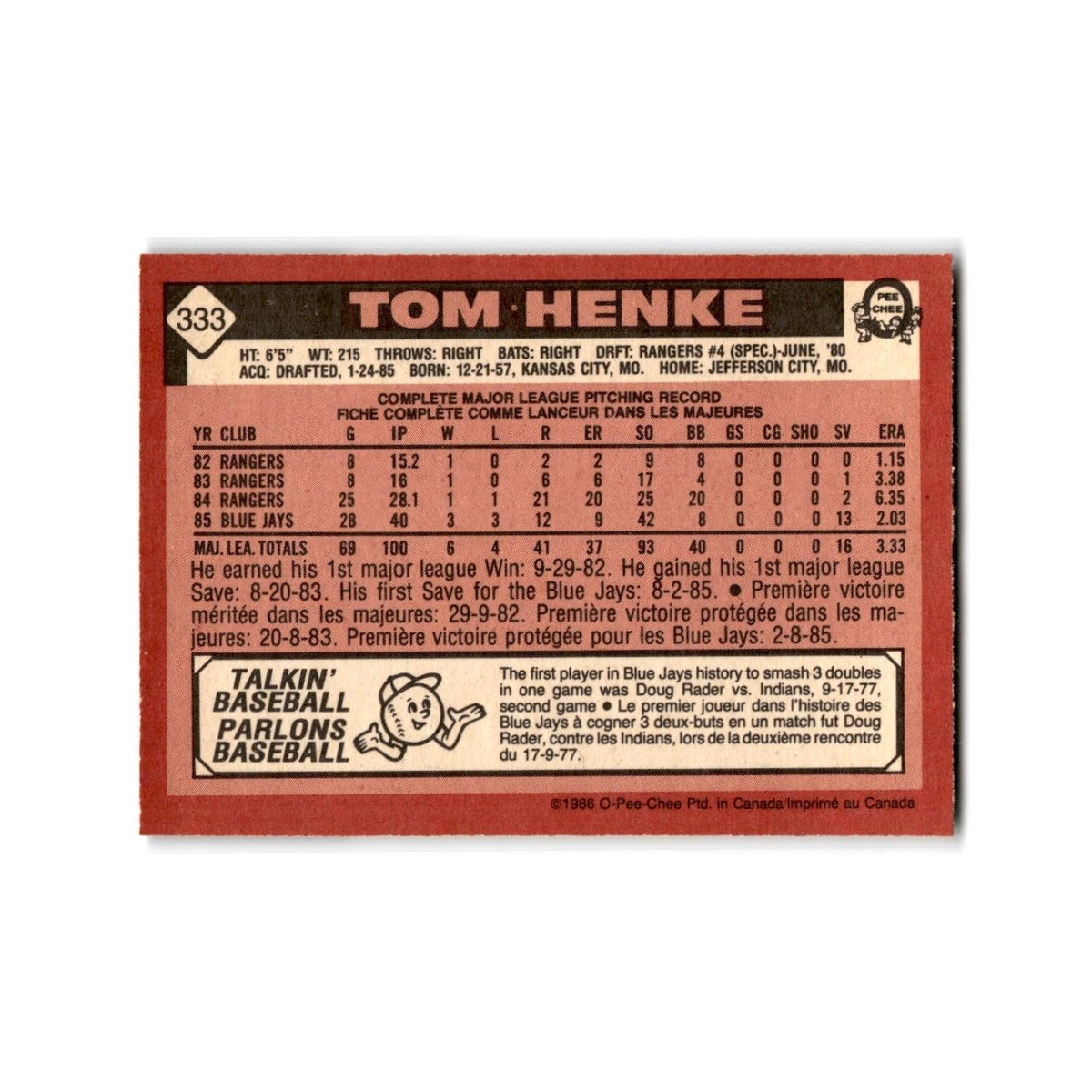 Tom Henke 1986 O-Pee-Chee #333 Toronto Blue Jays Baseball Card NM