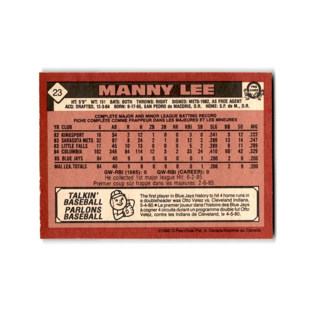 Manuel Lee 1986 O-Pee-Chee #23 Toronto Blue Jays Baseball Card NM
