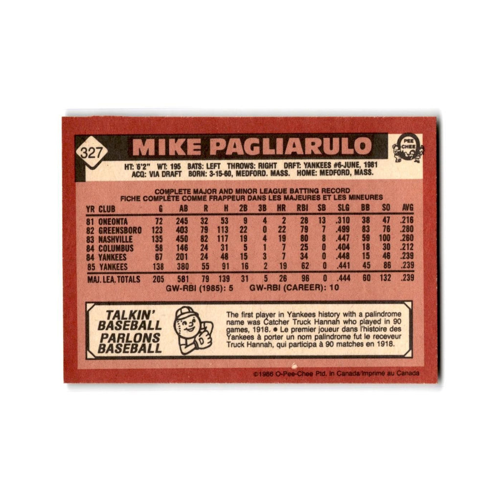 Mike Pagliarulo 1986 O-Pee-Chee #327 New York Yankees Baseball Card NM