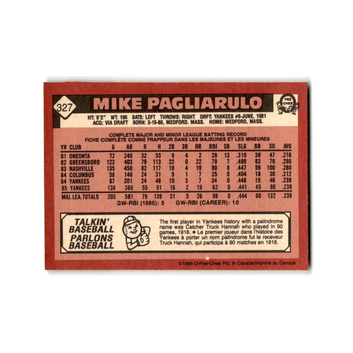 Mike Pagliarulo 1986 O-Pee-Chee #327 New York Yankees Baseball Card NM