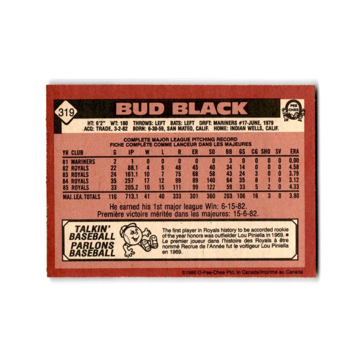 Bud Black 1986 O-Pee-Chee #319 Kansas City Royals Baseball Card NM