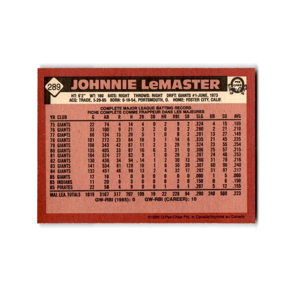 Johnnie LeMaster 1986 O-Pee-Chee #289 Pittsburgh Pirates Baseball Card NM