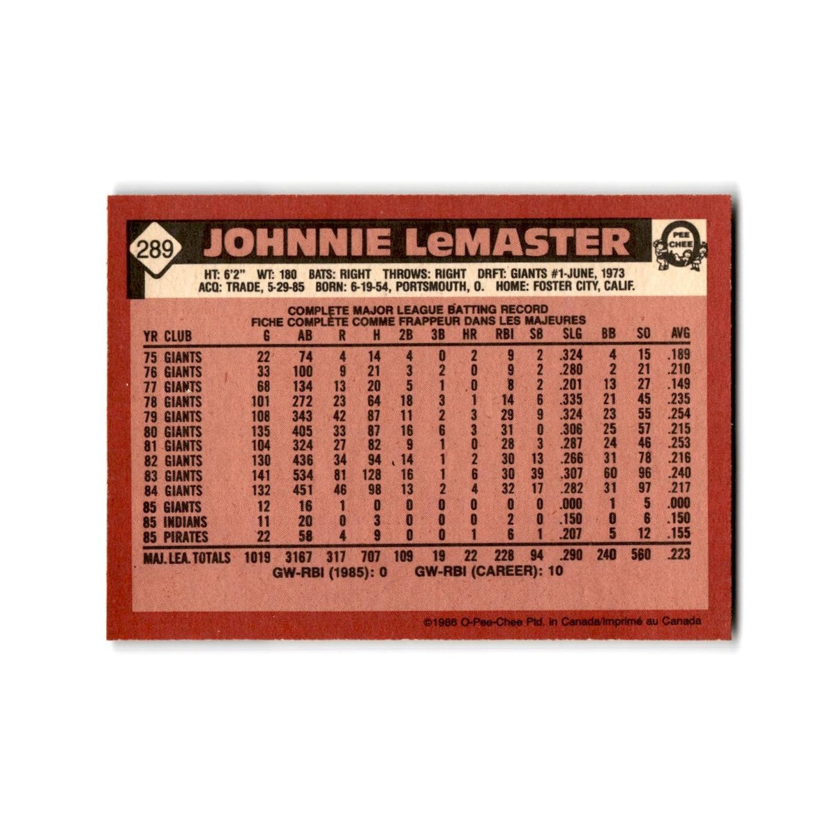 Johnnie LeMaster 1986 O-Pee-Chee #289 Pittsburgh Pirates Baseball Card NM