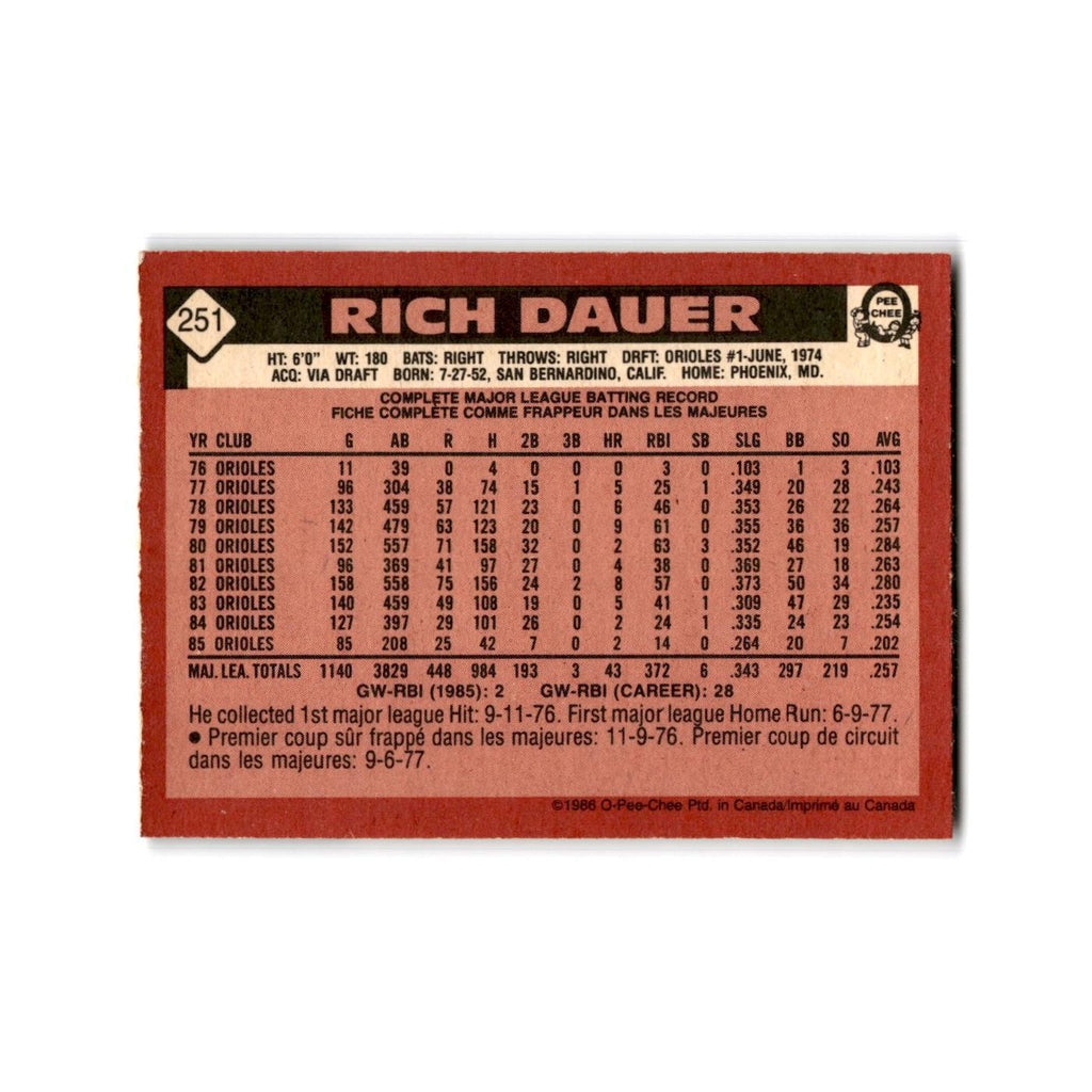 Rich Dauer Rookie 1986 O-Pee-Chee #251 Baltimore Orioles Baseball Card NM
