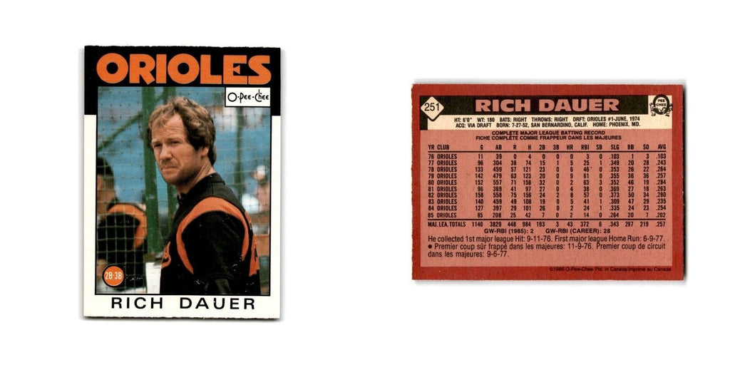 Rich Dauer Rookie 1986 O-Pee-Chee #251 Baltimore Orioles Baseball Card NM
