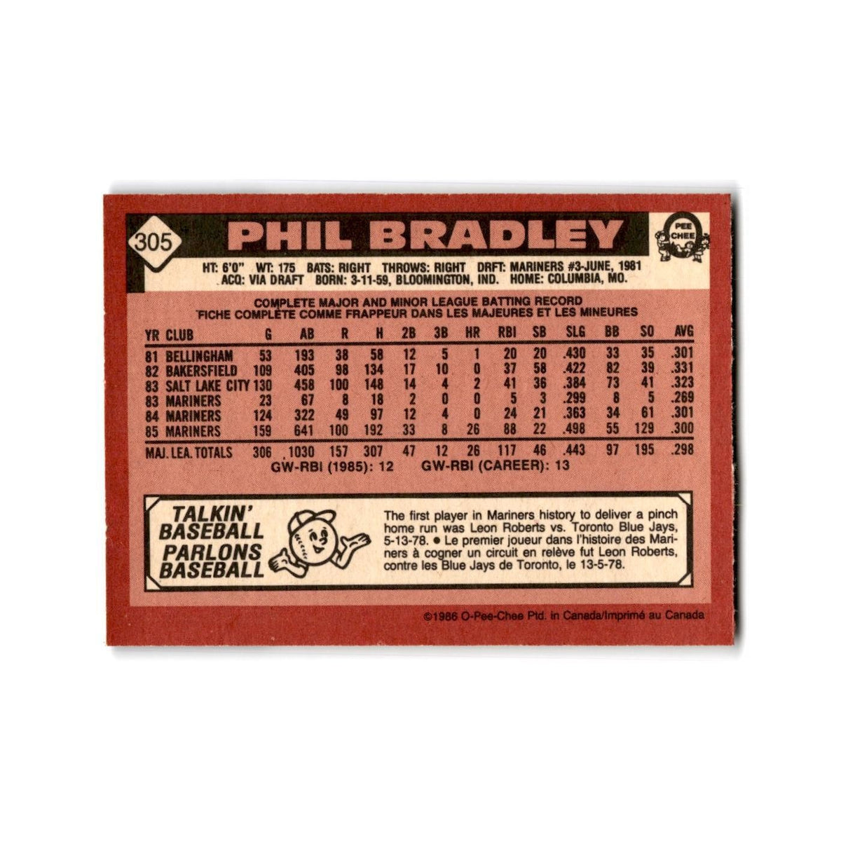 Phil Bradley 1986 O-Pee-Chee #305 Seattle Mariners Baseball Card NM
