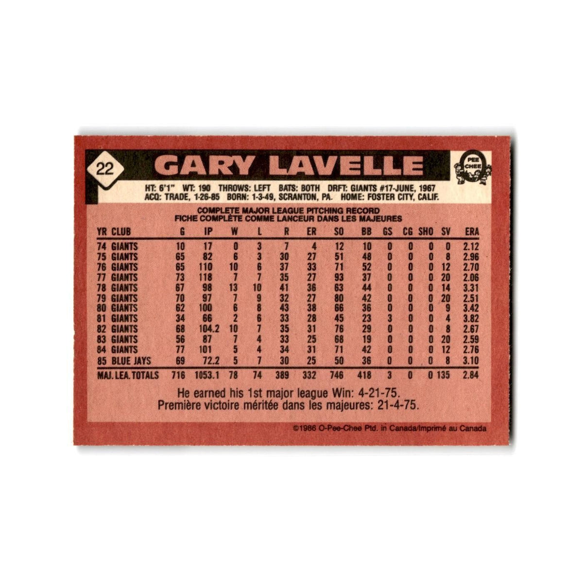 Gary Lavelle 1986 O-Pee-Chee #22 Toronto Blue Jays Baseball Card NM