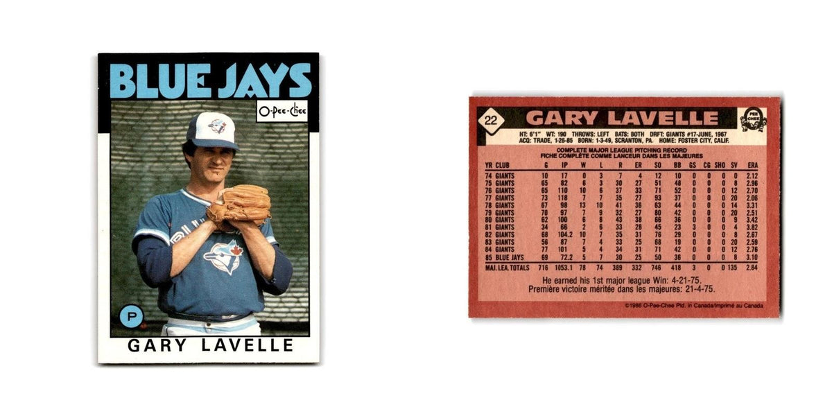 Gary Lavelle 1986 O-Pee-Chee #22 Toronto Blue Jays Baseball Card NM