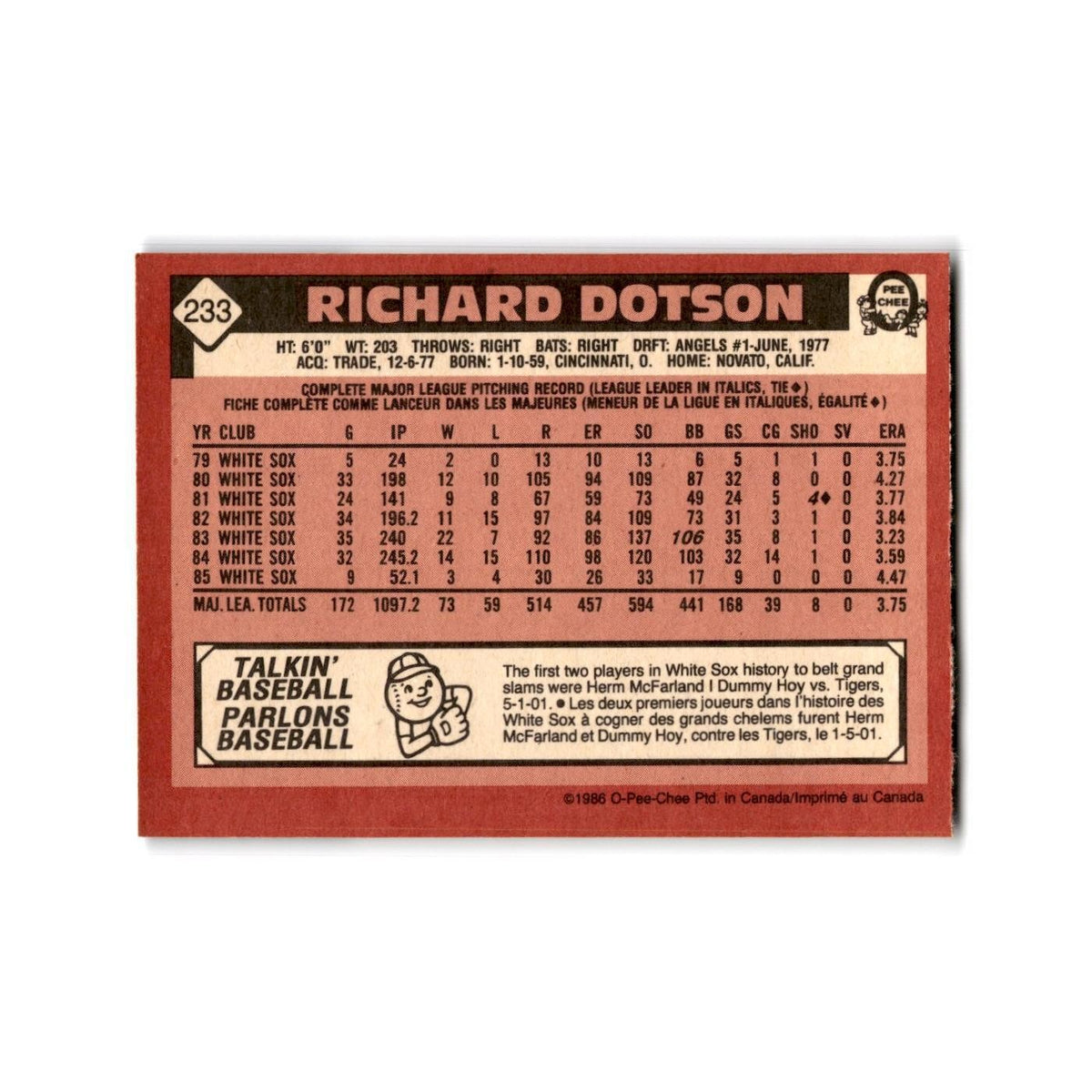 Richard Dotson 1986 O-Pee-Chee #233 Chicago White Sox Baseball Card NM