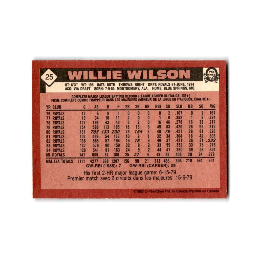 Willie Wilson 1986 O-Pee-Chee #25 Kansas City Royals Baseball Card NM