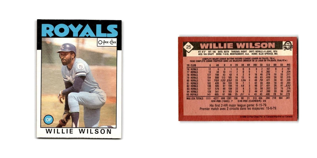 Willie Wilson 1986 O-Pee-Chee #25 Kansas City Royals Baseball Card NM