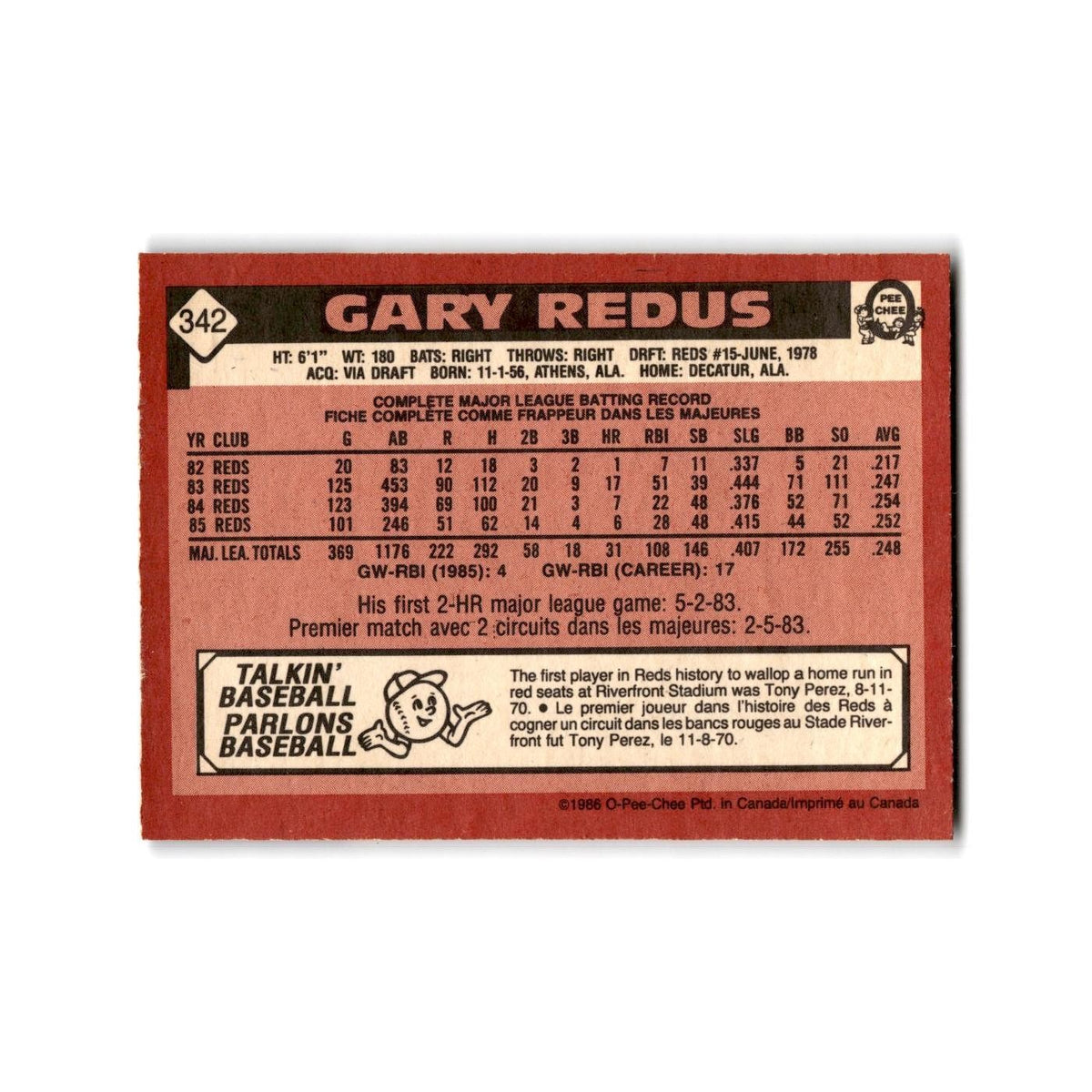 Gary Redus 1986 O-Pee-Chee #342 Philadelphia Phillies Baseball Card NM