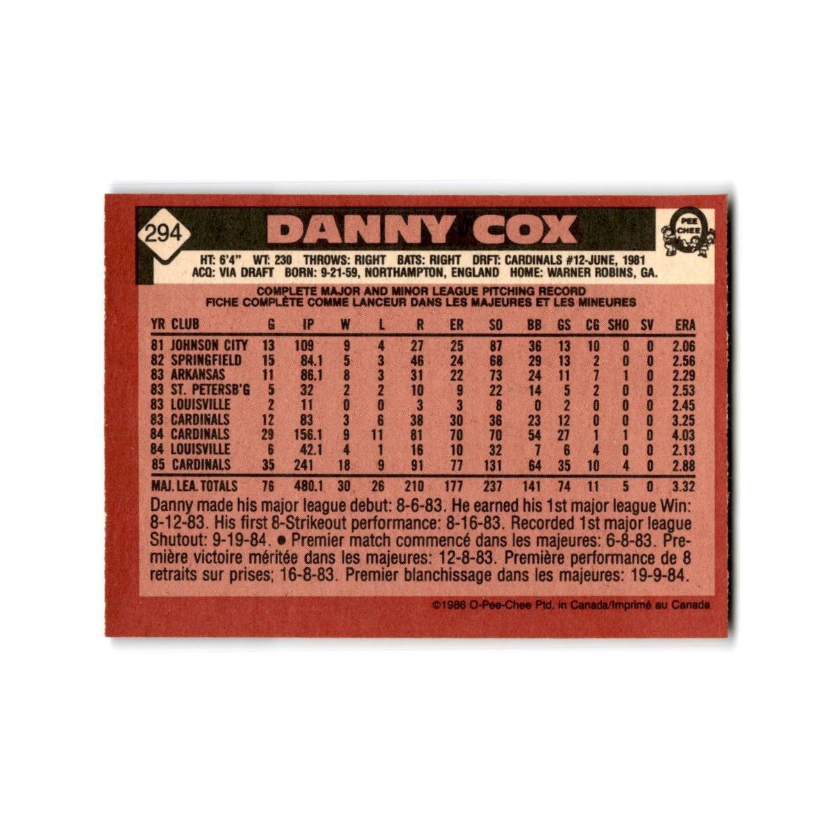 Danny Cox 1986 O-Pee-Chee #294 St. Louis Cardinals Baseball Card NM