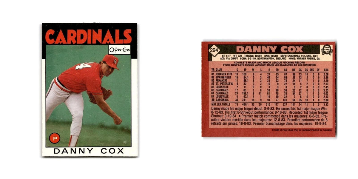 Danny Cox 1986 O-Pee-Chee #294 St. Louis Cardinals Baseball Card NM