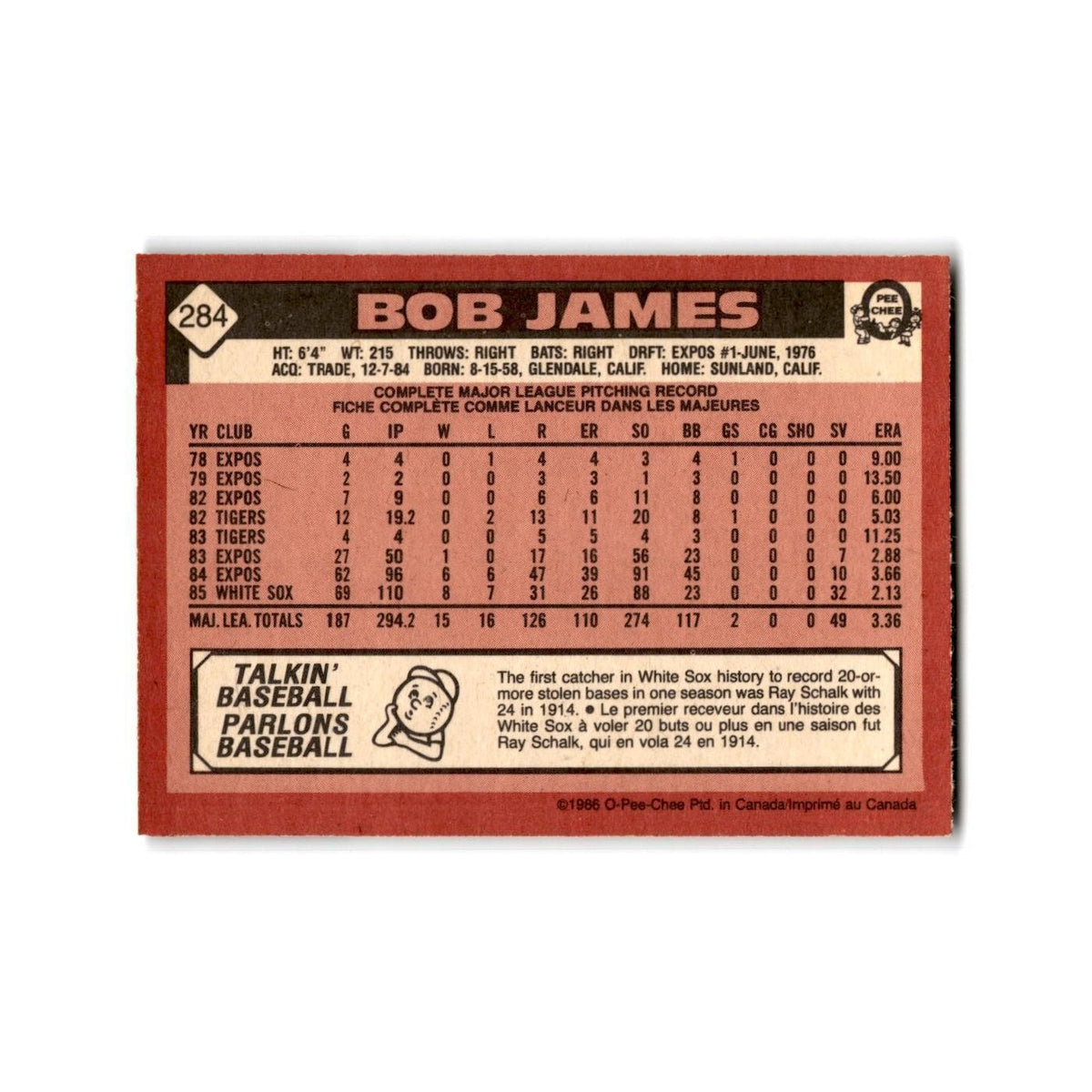 Bob James 1986 O-Pee-Chee #284 Chicago White Sox Baseball Card NM
