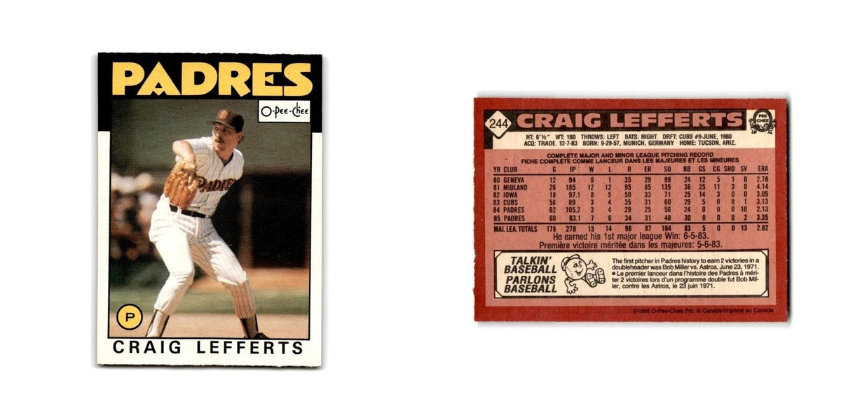 Craig Lefferts 1986 O-Pee-Chee #244 San Diego Padres Baseball Card NM