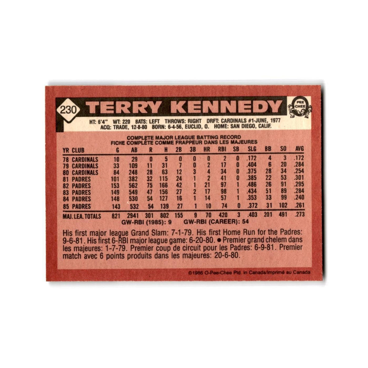 Terry Kennedy 1986 O-Pee-Chee #230 San Diego Padres Baseball Card NM