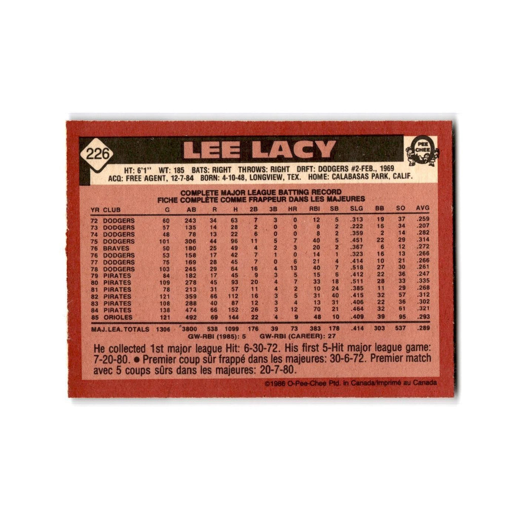 Lee Lacy 1986 O-Pee-Chee #226 Baltimore Orioles Baseball Card NM
